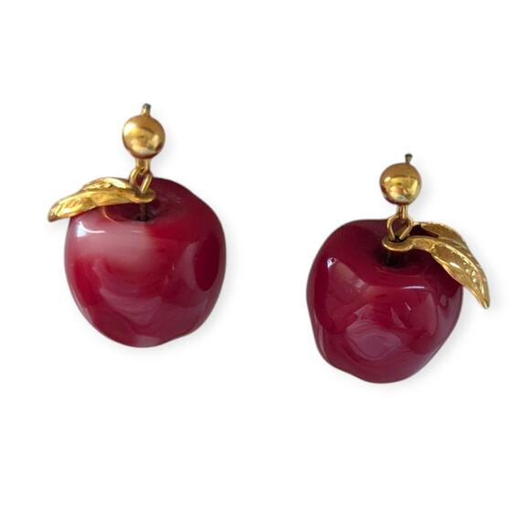 Vintage Avon Red Lucite Apple A Day Dangle Earrings Gold Tone - Picture 4 of 6